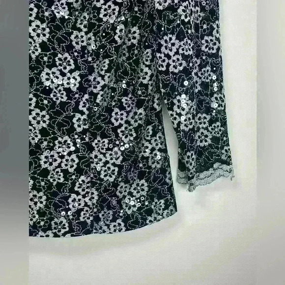 Alex Evenings 3/4 Sleeve Embroidered Blouse Black Silver Sequins Size Medium - Picture 4 of 11